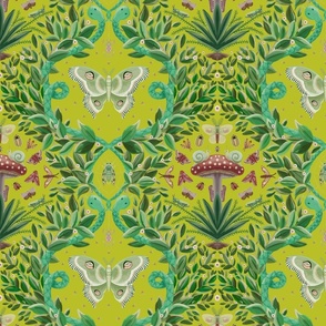 Maximalist whimsical jungle themed damask pattern - green , lime green , mint - medium scale.