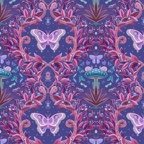 Busy and cheerful damask print of a magical jungle with lush foliage, Luna moths and snakes - medium scale.