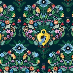 Busy pattern of colorful floral damask with birds flying around on dark background -  midsize .