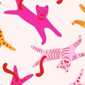 Happy Lazy cats in dopamine optimistic colors pink red orange on cream Large scale MULTIDIRECTIONAL