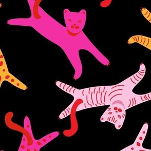 Happy Lazy Bold Painterly cats in dopamine optimistic colors pink red orange on black Large scale MULTIDIRECTIONAL