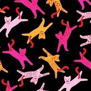 Happy Lazy cats in dopamine optimistic colors pink red orange on black Medium scale MULTIDIRECTIONAL