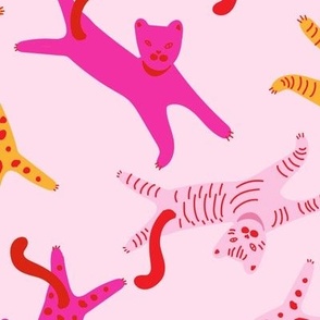 Happy Lazy cats in dopamine optimistic colors pink red orange on pink Large scale MULTIDIRECTIONAL
