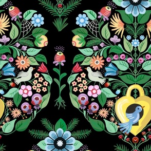Novelty print of a multi colour floral damask with cuckoo birds - ethnic and graphical - large.