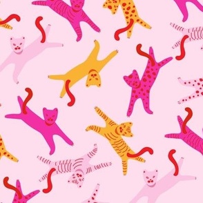 Happy Lazy cats in dopamine optimistic colors pink red orange on pink Medium scale MULTIDIRECTIONAL