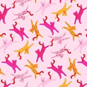 Happy Lazy cats in dopamine optimistic colors pink red orange on pink Small scale MULTIDIRECTIONAL