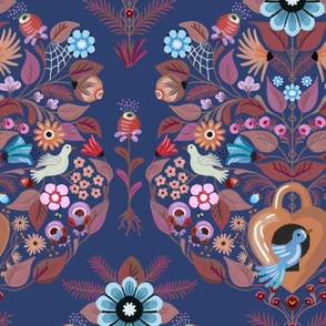 Ethnic style graphical floral damask with birds - maximal, colorful and graphical - large 