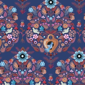 Ethnic style graphical floral damask with birds - maximal, colorful and graphical - mid size .