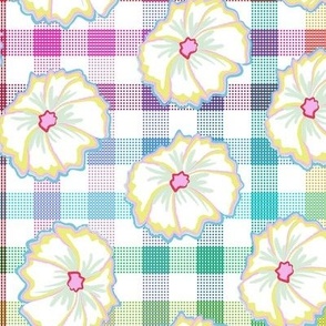  Retro style petunias on colorful gingham print - flower pops, rainbow colors - Large Scale.