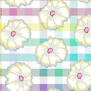 Playful rainbow gingham pattern with retro flower pops - Large Scale.