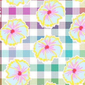 Vibrant gingham checks with dancing petunias  - large scale .