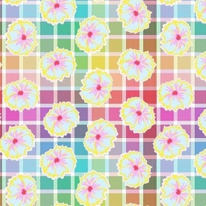 Rainbow colored windowpane checks with pop art flowers - bright and delightful .