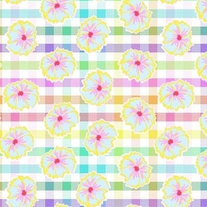  Playful retro flowers scattered on delightful gingham checks - Rainbow Pride   - small scale .