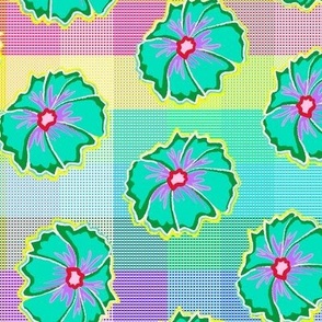 Rainbow color textured checks with kitsch flower pops - large scale