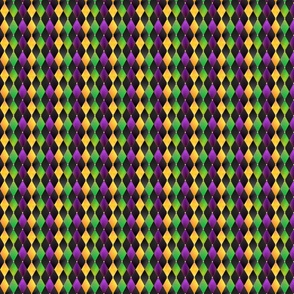Tiny 1" Mardi Gras Harlequin Argyle -- Mardi Gras Gold, Purple, Green Diamonds over Black -- 1.66in x 1.98in -- 1900dpi (8% of Full Scale)