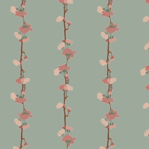 Floral Stripes in pink on Green Background - Apple Blossom