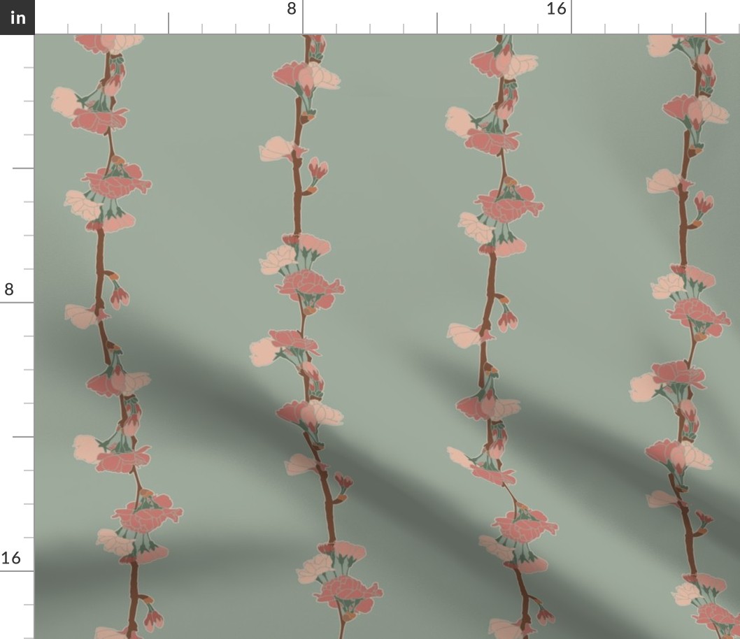 Floral Stripes in pink on Green Background - Apple Blossom