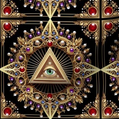 3 baroque gold all seeing eyes providence Illuminati Freemasons triangle  spiritual occult rituals symbolism symbols alchemy red gems jewels gemstone pearls ruby purple blue amethyst green eye victorian neoclassical ornate filigree medallion rays of light