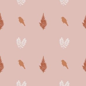 Minimalist Birds and Wild Leaves Brown and Terracotta on Pink Background