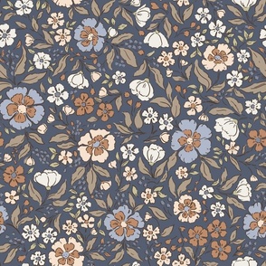 Sweet Boho Mixed Florals in earthy colors, Blue, LARGER SCALE