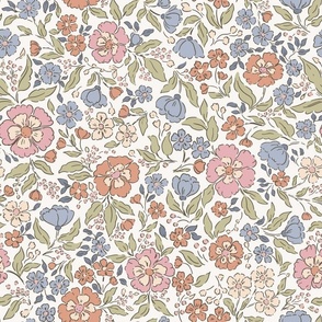 Sweet Boho Mixed Florals in pink, orange and blue, LARGER SCALE