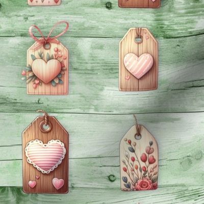 HEART GIFT TAGS VALENTINES ON PASTEL MINT GREEN PLANK WOOD FLRWH