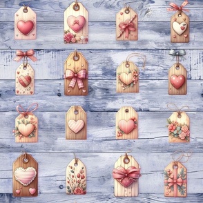 HEART GIFT TAGS VALENTINES ON PERIWINKLE BLUE PLANK WOOD FLRWH