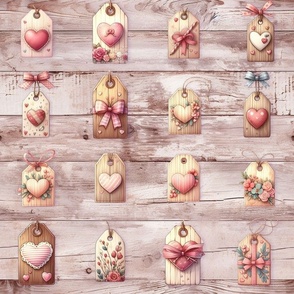 HEART GIFT TAGS VALENTINES ON PINK PLANK WOOD FLRWH