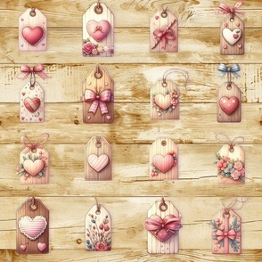 HEART GIFT TAGS VALENTINES ON WARM HAZELNUT PLANK WOOD FLRWH