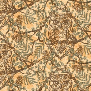 Woodland Wise Owl in tree branches (large scale)