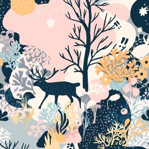 Winter tundra landscape with deer, rabbits and arctic plants
