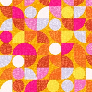 warm colorful bauhaus  geometric grid |  squares circles in neon hot pink magenta orange yellow burnt orange Sienna silver blue | jumbo