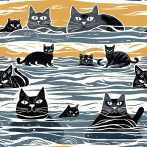Block Print Cats Swimming In The Sea - Colorblock Stripe - Large Scale 