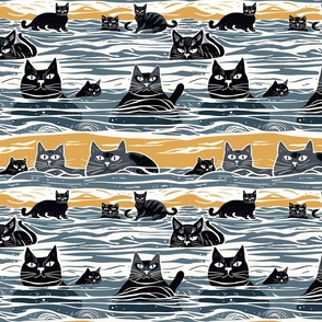 Block Print Cats Swimming In The Sea - Colorblock Stripe - Medium Scale  