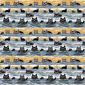 Block Print Cats Swimming In The Sea - Colorblock Stripe - Small Scale   