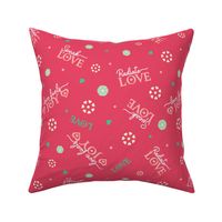 Radiate Speak Fuel Love in Coral Red with Green Hearts and Mint Flowers