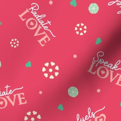 Radiate Speak Fuel Love in Coral Red with Green Hearts and Mint Flowers