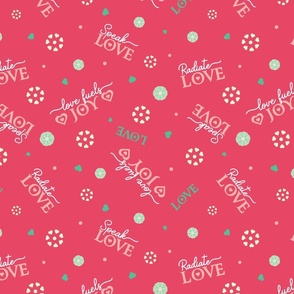 Radiate Speak Fuel Love in Coral Red with Green Hearts and Mint Flowers