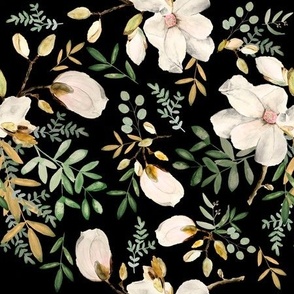 Medium White on Black Floral Botanical Magnolia / Eucalyptus / Watercolor