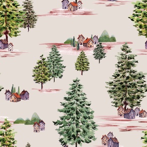 Toile du Jouy inspired handpainted watercolor forest cabins and pine trees - Large Scale