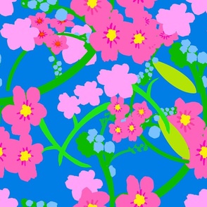 Forget Me Not Flowers Silhouette Floral Garden In Hot Pink, Pastel Pink And Baby Blue On Electric Azure Blue Retro Modern Maximalist Mid-Century Ditzy Wallpaper Overlay Repeat Pattern