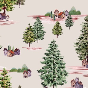 Toile du Jouy inspired handpainted watercolor forest cabins and pine trees - Medium Scale
