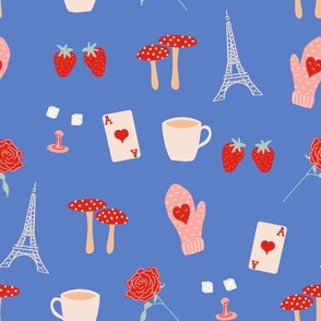 love rose mushrooms eiffel tower coffee strawberries heart valentines day on blue