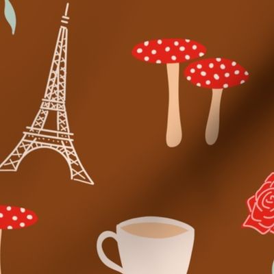 love rose mushrooms eiffel tower coffee strawberries heart valentines day on brown