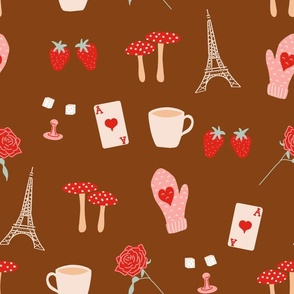 love rose mushrooms eiffel tower coffee strawberries heart valentines day on brown