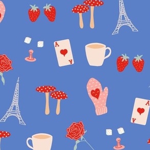 small love rose mushrooms eiffel tower coffee strawberries heart valentines day on blue