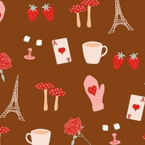 small love rose mushrooms eiffel tower coffee strawberries heart valentines day on brown