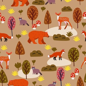Forest woodland animals and plants, trees, flora, fauna, fox, racoon, bear, deer, trees - tan, orange, brown - autumn fall
