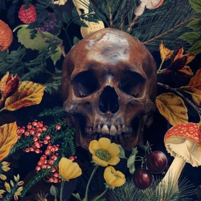 18" Antique dark academia  Goth Nightfall: A Vintage Floral Forest Pattern with Horror Skulls And Mushrooms,Leaves Flowers   sepia black- halloween skull aesthetic dark green leaves wallpaper 