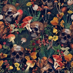 18" Antique dark academia  Goth Nightfall: A Vintage Floral Forest Pattern with Horror Skulls And Mushrooms,Leaves Flowers   sepia black- halloween skull aesthetic dark green leaves wallpaper 